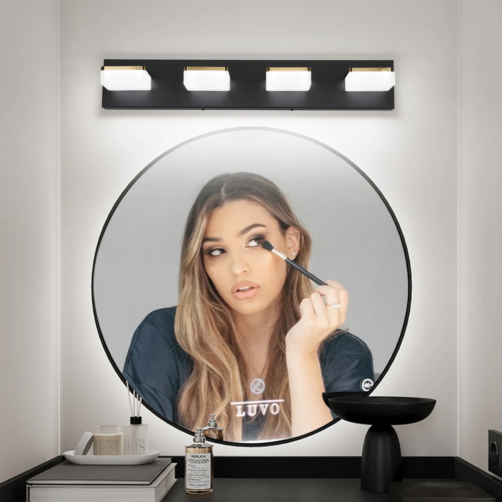 25.59인치 LED 모던 미러 헤드라이트, 360 °   회전 아트 조명, 아크릴 + 금속, 밝기 조절이 가능한 욕실 세면대 조명