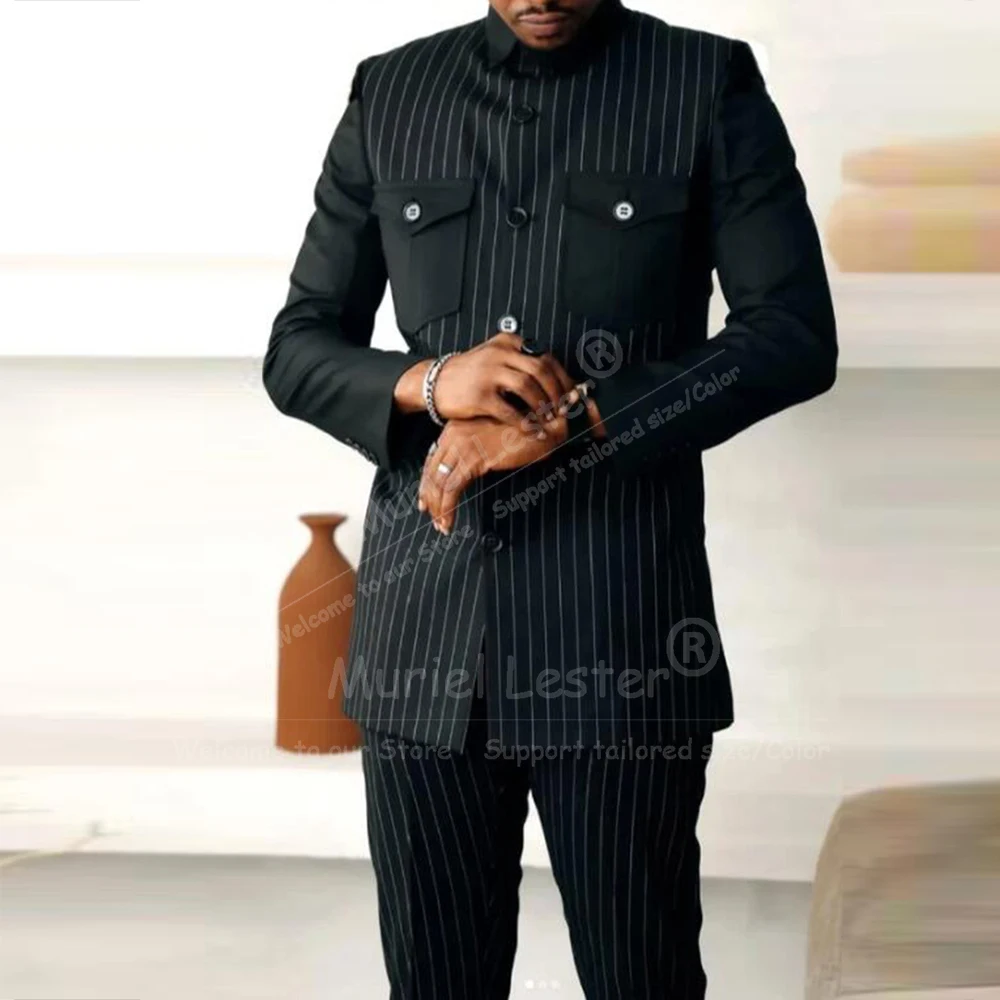 

Classic Suits Men Vertical Striped Spliced Jacket Pants 2 Piece Sets Man Business Party Tuxedos Customized Groom Daily Blazers