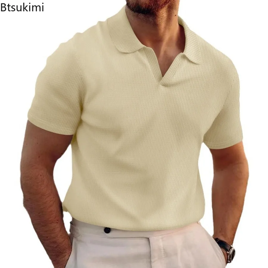 

Summer New Men's Waffle Polo Shirts Fashion Solid V-neck Short Sleeve T-shirts for Men Basic Tops Casual Sports Breathable Tees