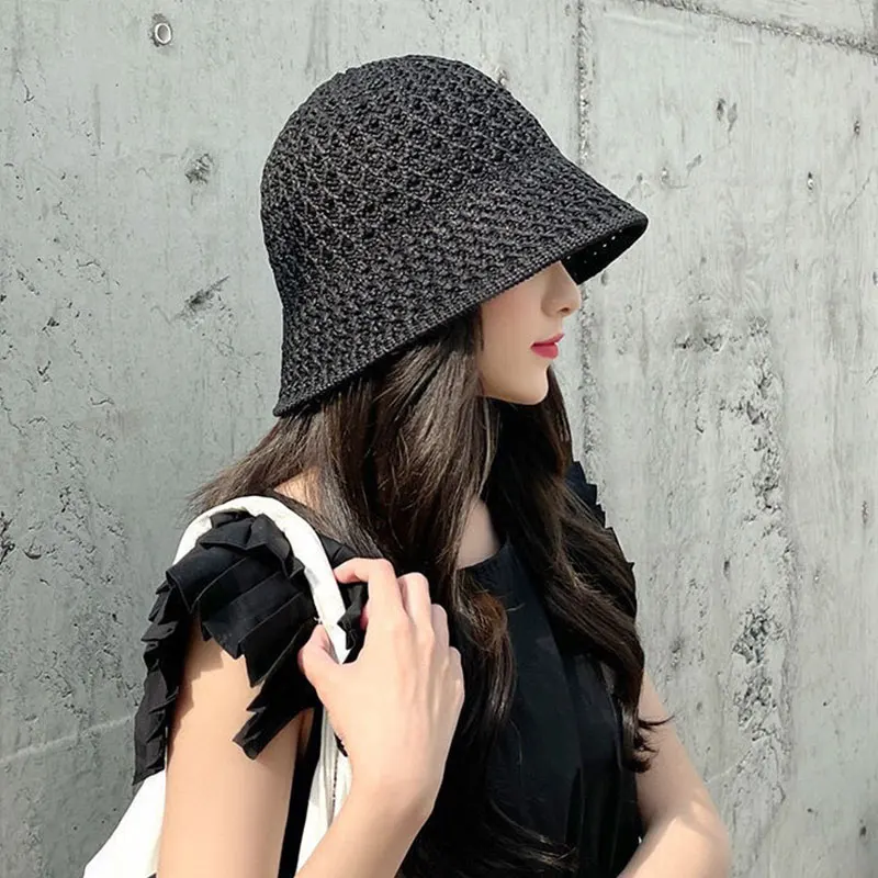 Fashion Solid Handmade Crochet Floppy Top Summer Hats For Women Hollow Out Knit Dome Bucket Hat Wide Brim Foldable Beach Caps