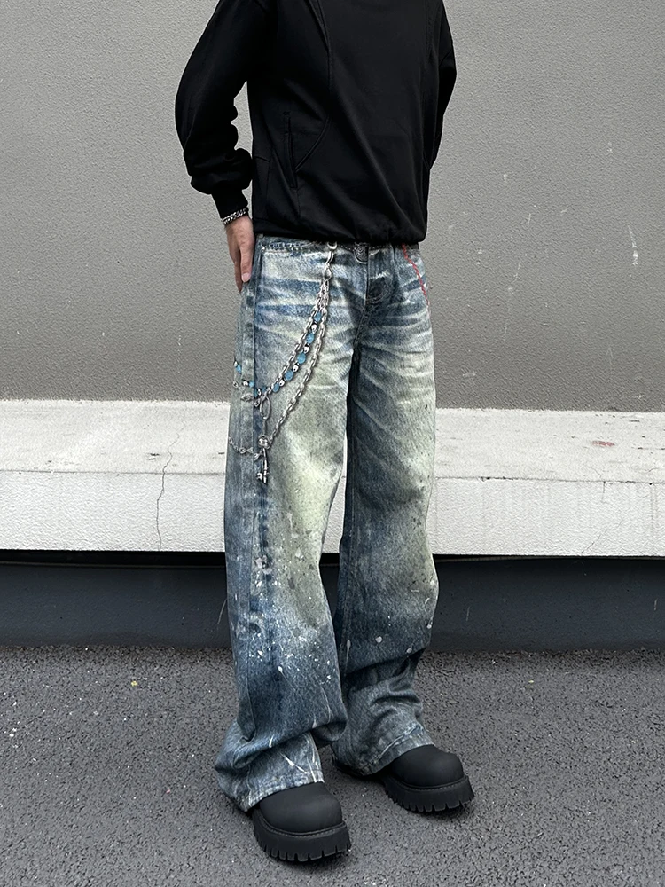 

Джинсы American Street Sle с 3D-принтом и эффектом брызг, свободные, прямого кроя, длинные брюки для мужчин и женщин, винтажные, с эффектом потертости.