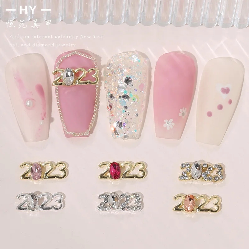 10Pcs/Lot Net Red 2023 New Year Digital Nail Accessories Celebration Alloy Luxury Diamond Simple Stereoscopic Nail Decoration