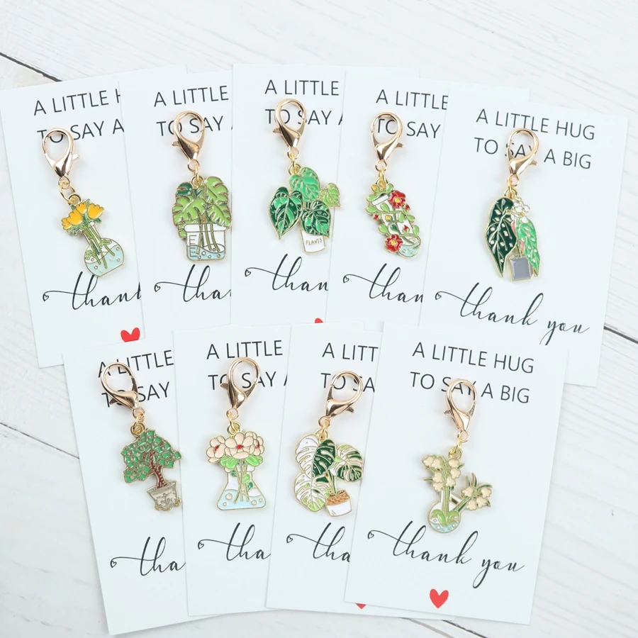 9pcs Green Potted Plant Keychain Decorations, Creative Couple’s Gift, Cute Bag and Zipper Handle Accessories, with a Thank-You C image 2