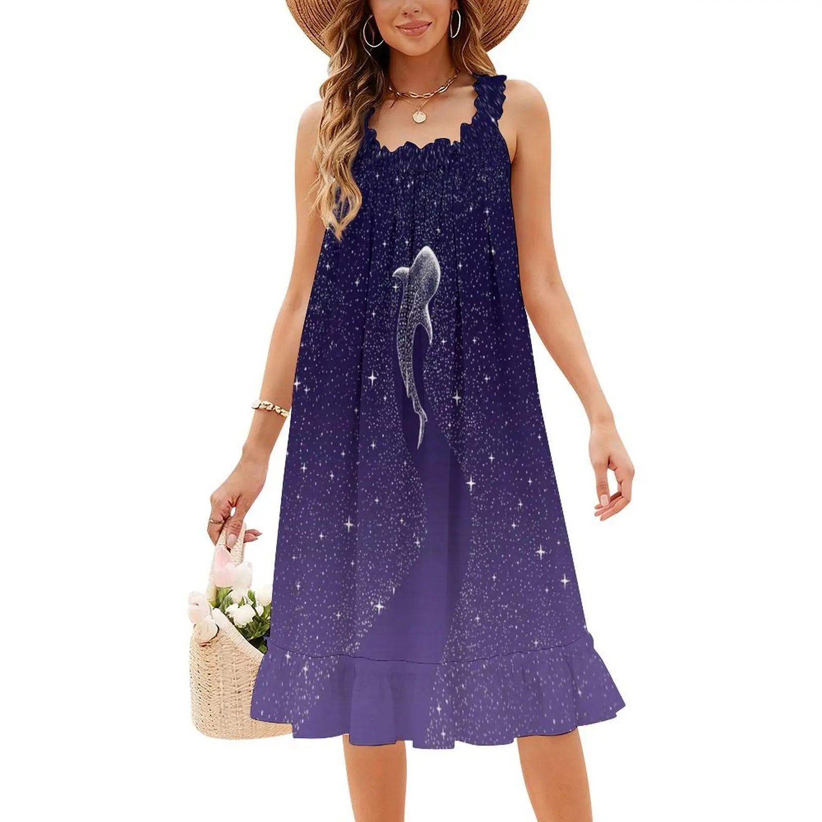 فستان قصير من Star Eater-Space من الأزرق الداكن إلى الأرجواني على طراز Preppy للنساء على شكل حرف a فضفاض مناسب فستان يوم غير رسمي على شكل قرش الحوت #4