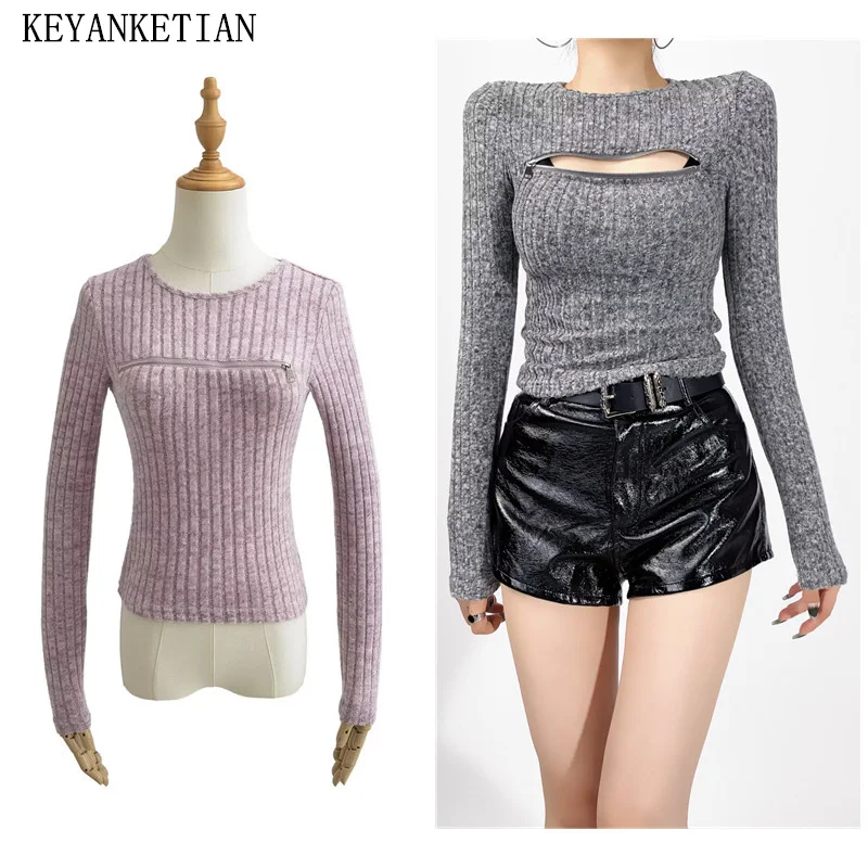 

KEYANKETIAN Winter New Women's Zipper Decoration Slim Sweater Pullover American Retro Solid Woolen Jacquard Stretch Knit Top