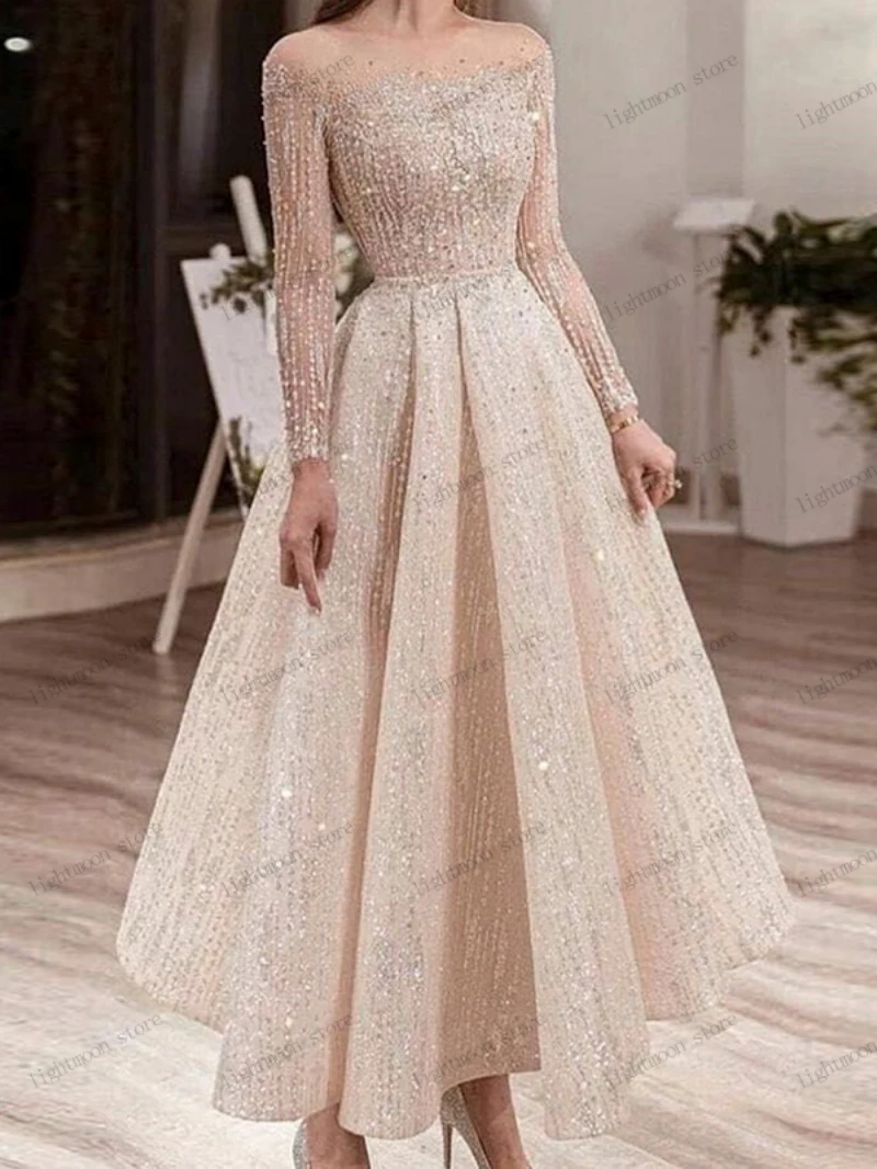 Robe de Soirée Brillante A-ligne à Manches sulf, Tenue de Bal, Longueur Thé, avec des Appliques de Paillettes, Robes de Cocktail, Éducative, 2024