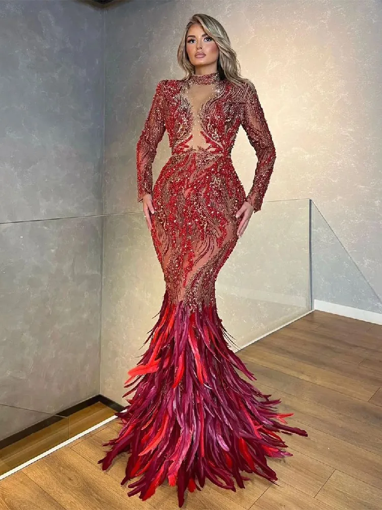 Dark Red Evening Dresses V Neck Long Sleeves Halter Sequins Pearls Lace Hollow Feather Beaded Appliques Prom Dresses Custom Made