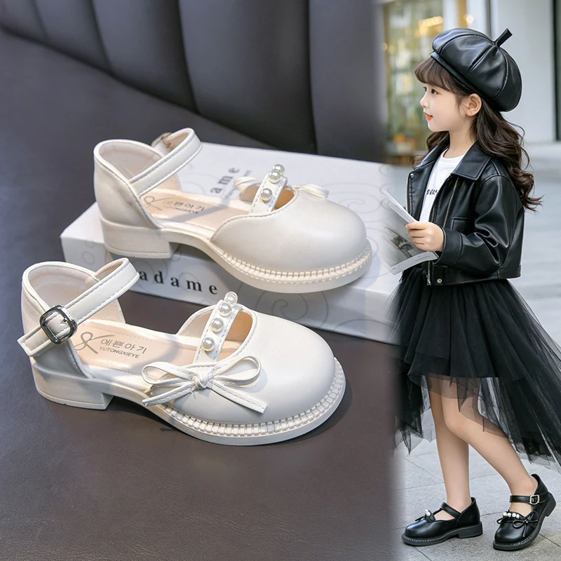 Girls Mary Jane Sandals Ages 3-18 Big Kids Girls Summer Bow Pearl Leather Shoes Beige Versatile Baby Childrens Shoes Sandals