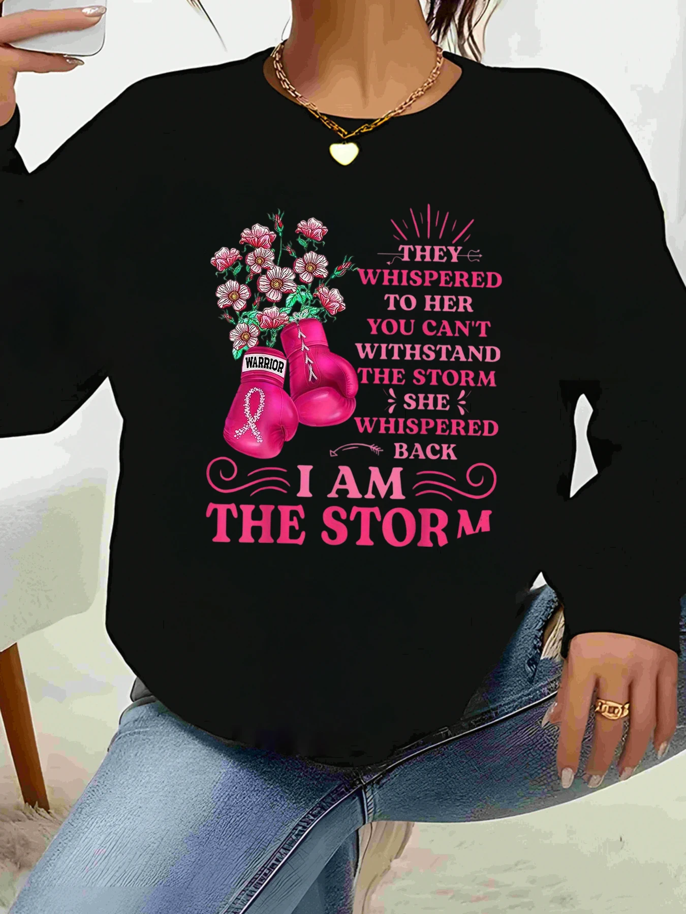 

Розовые боксерские перчатки и цветочный принт I Am the Storm Рубашка для осведомленности о раке молочной железы Топ с длинными рукавами Женская повседневная одежда