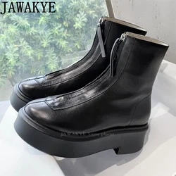 Round Toe Chunky Sole Motocrycle Boots Real Leather Ankle Boots Front Zip Design Chelsea Boots Women Winter Fashion Botas mujer