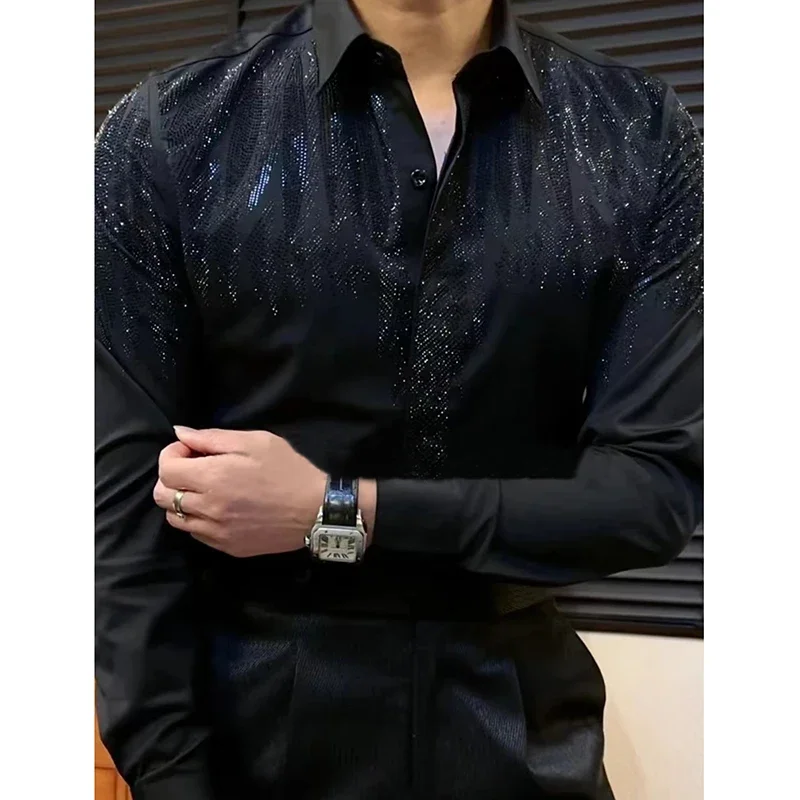 High Quality Long Sleeved Shirt Spring Hot Diamond Shirt For Men Casual Slim Fit Shirt Luxury Social Party Blouse Camisa Hombre