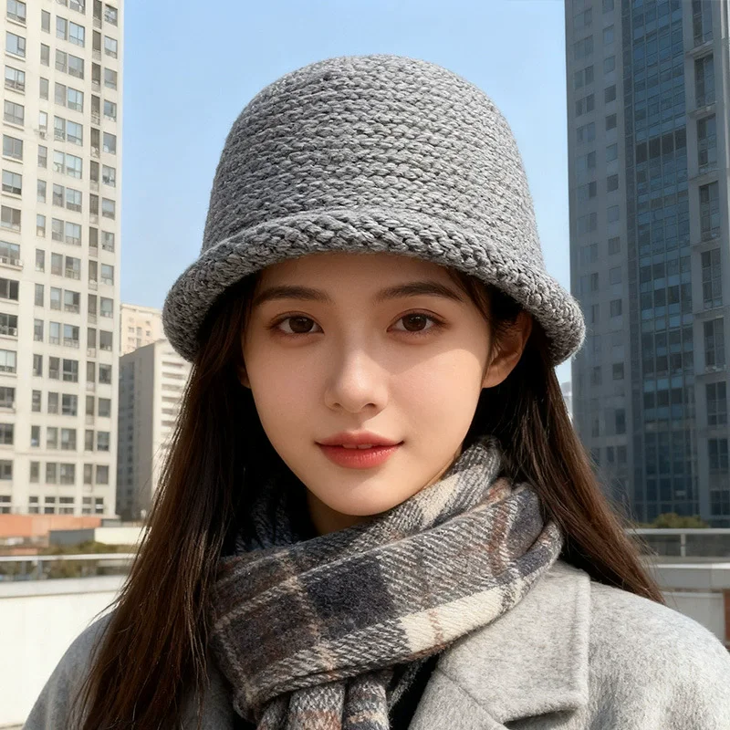 الكورية بسيطة بلون محبوك دلو القبعات للنساء الخريف الشتاء السفر الدافئة تنوعا تظهر الوجه قبعة حوض أدبية صغيرة