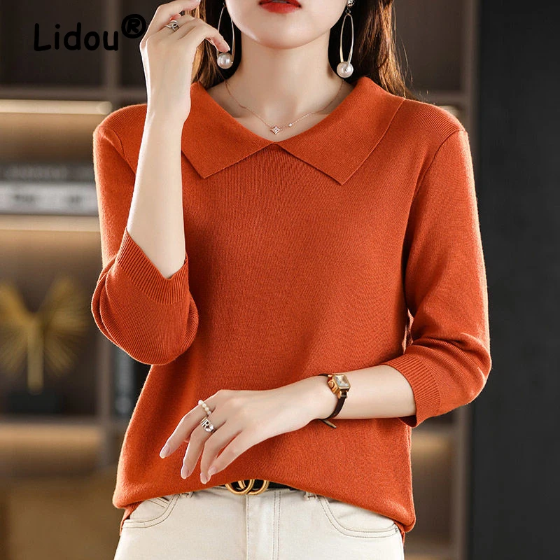 2024 Spring Summer Women Korean Fashion Polo Collar Elegant Knitwears Female Simple Casual Solid 3/4 Sleeve Loose Pullover Tops