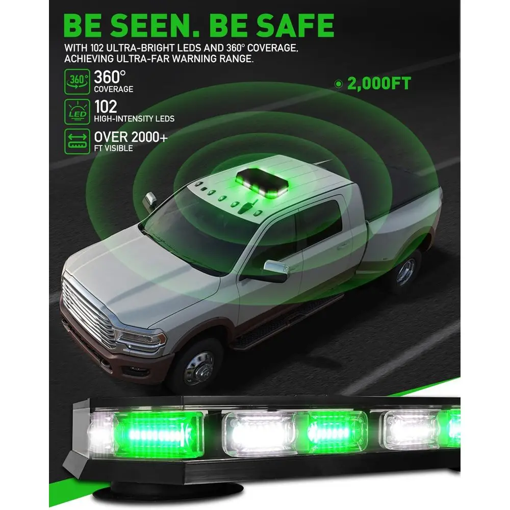 Not-Blitzlichtleiste, 102 LEDs, grün/weiß, Mini-Leuchtfeuer, Magnetfuß für 12–24 V-Fahrzeuge