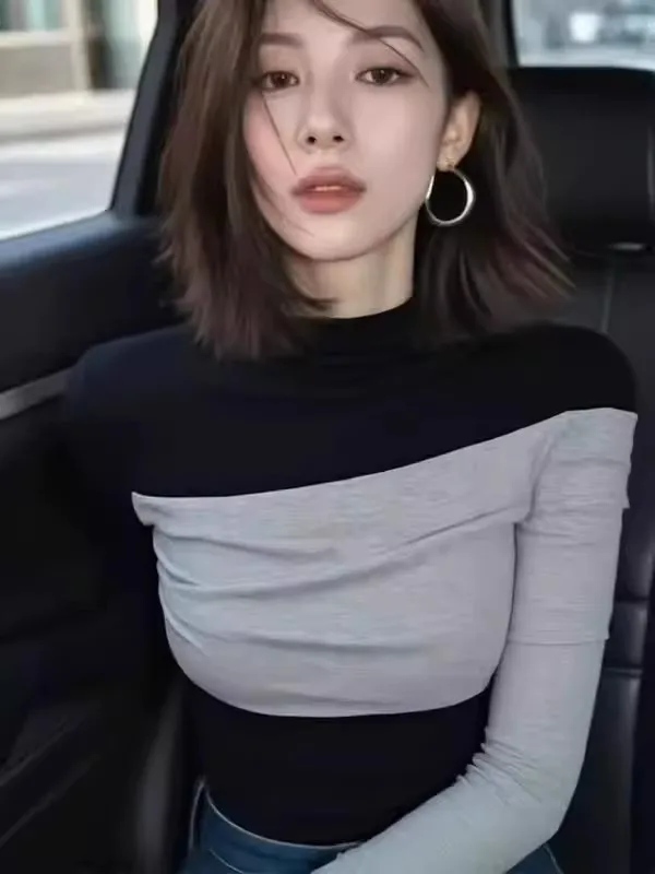 

Unique Splice T-irt Women Ele Faionable Youthful Bla ey Splice Long Sve round Ne Commute Sle Autumn 2025