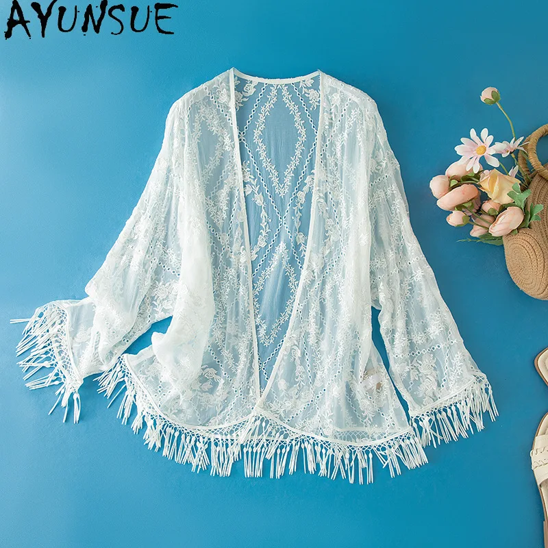 

AYUNSUE 100% шелковые топы для женщин, топы с длинными рукавами и вышивкой, солнцезащитный кардиган, стильный топ для выхода на улицу, женская одежда Ropa Mujer