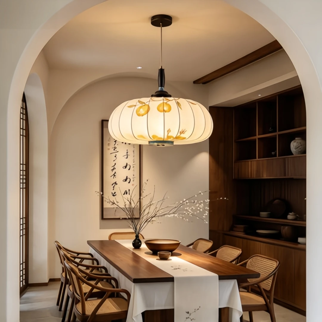New Chinese Style Fabric Pendant Light Hand Painted Lotus Floral Shade Wood Hanging Lamp for Dining Room Tea Room Home Decor