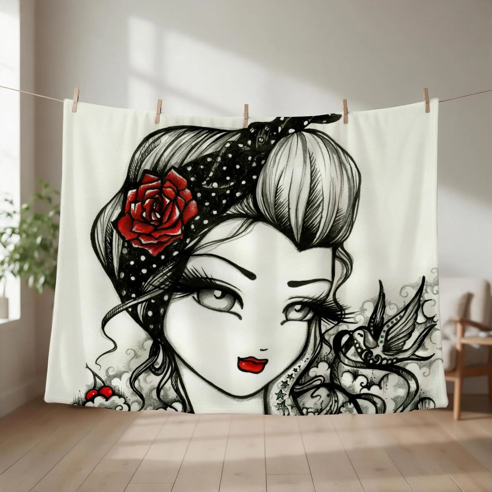 Tattooed Pin-up Girl Greyscale with a Pop of Color Fantasy Art Throw Blanket couch cozy soft plush fuzzy picnic outdoor blanket