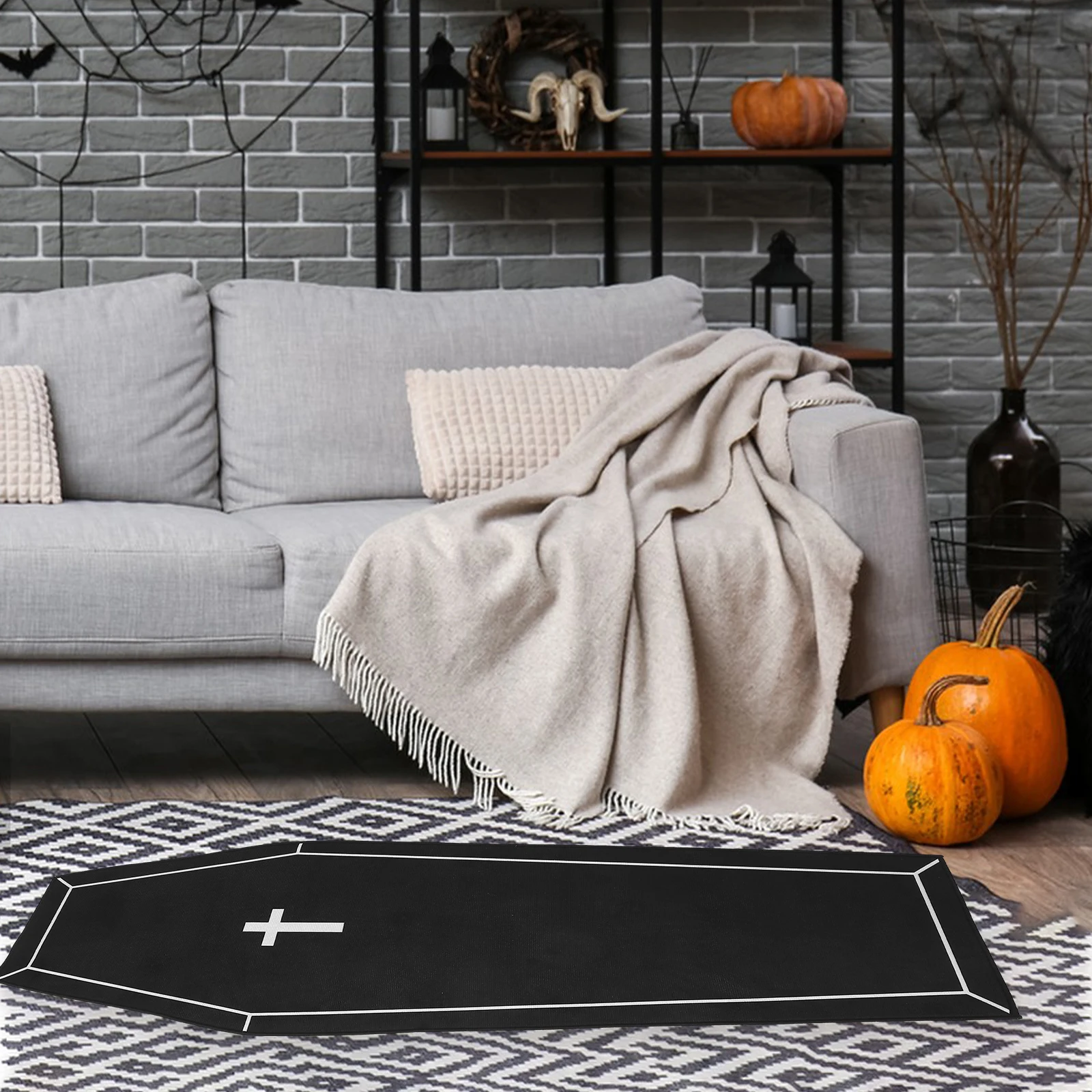 

Gothic Style Coffin Halloween Floor Mat Decorative Anti- Entrance Cross Pattern Reusable Carpet For Home Decoration