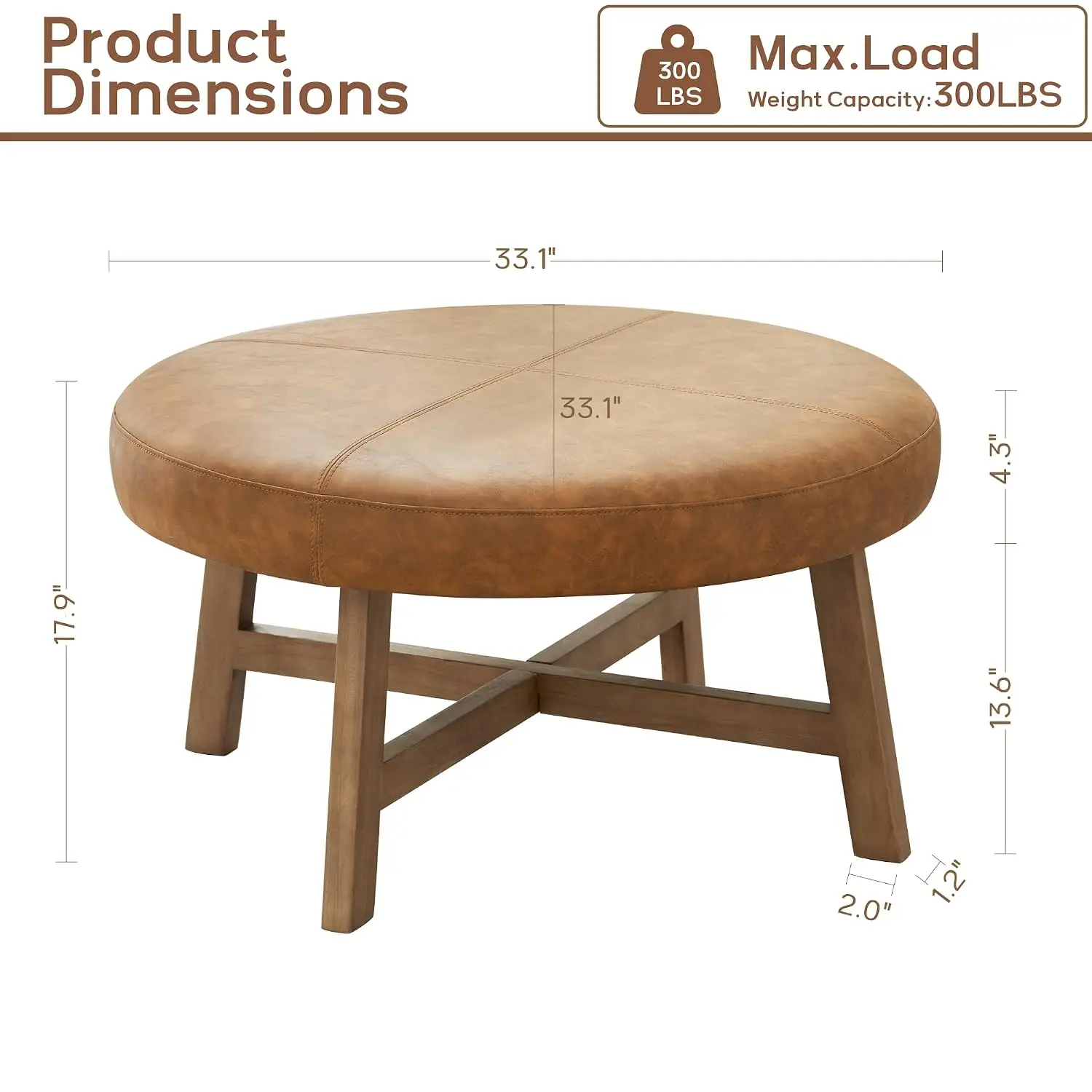 33 Inch Round Leather Ottoman Coffee Table, Upholstered Mid Century Modern Living Room Furniture, Easy Assembly, Customized