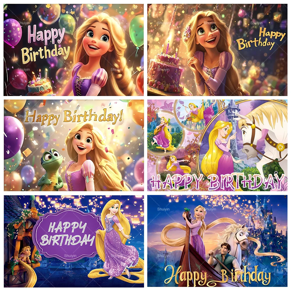 Фон для фотосессии с принцессой Рапунцель из мультфильма Disney Tangled, декорации для вечеринки в честь дня рождения девочки, баннер для детского праздника, подарки, фон для фотосъемки