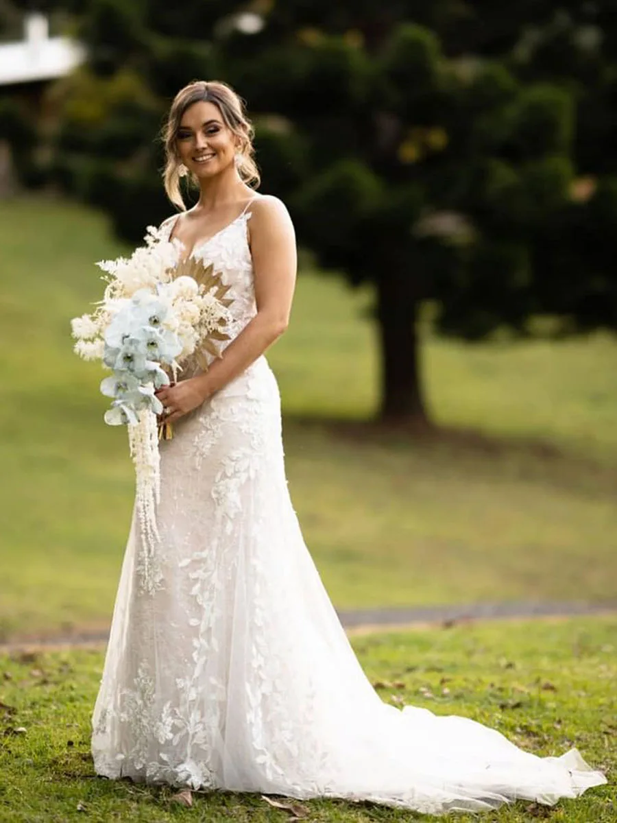 Sereia vestidos de casamento rendas apliques tule vestidos de noiva com trem querida alças de espaguete vintage