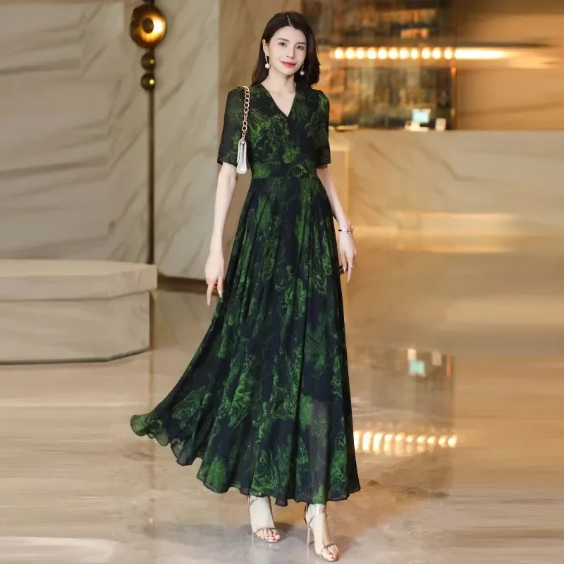 

Элегантное женское платье в пол с V-образным вырезом, принтом и короткими рукавами, А-силуэт, расклешенное, для весенне-осенних мероприятий