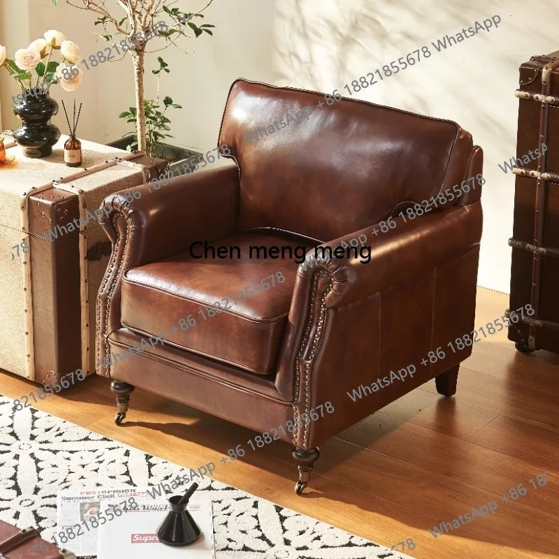 

French antique leather sofa American classic retro single sofa oil wax leather tiger chair leisure chair