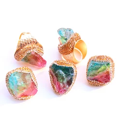 Irregular Rainbow Crystal Open Rings for Women Boho Micro Inlay Reiki Natural Stone Ring Wedding Jewelry with Tourmaline