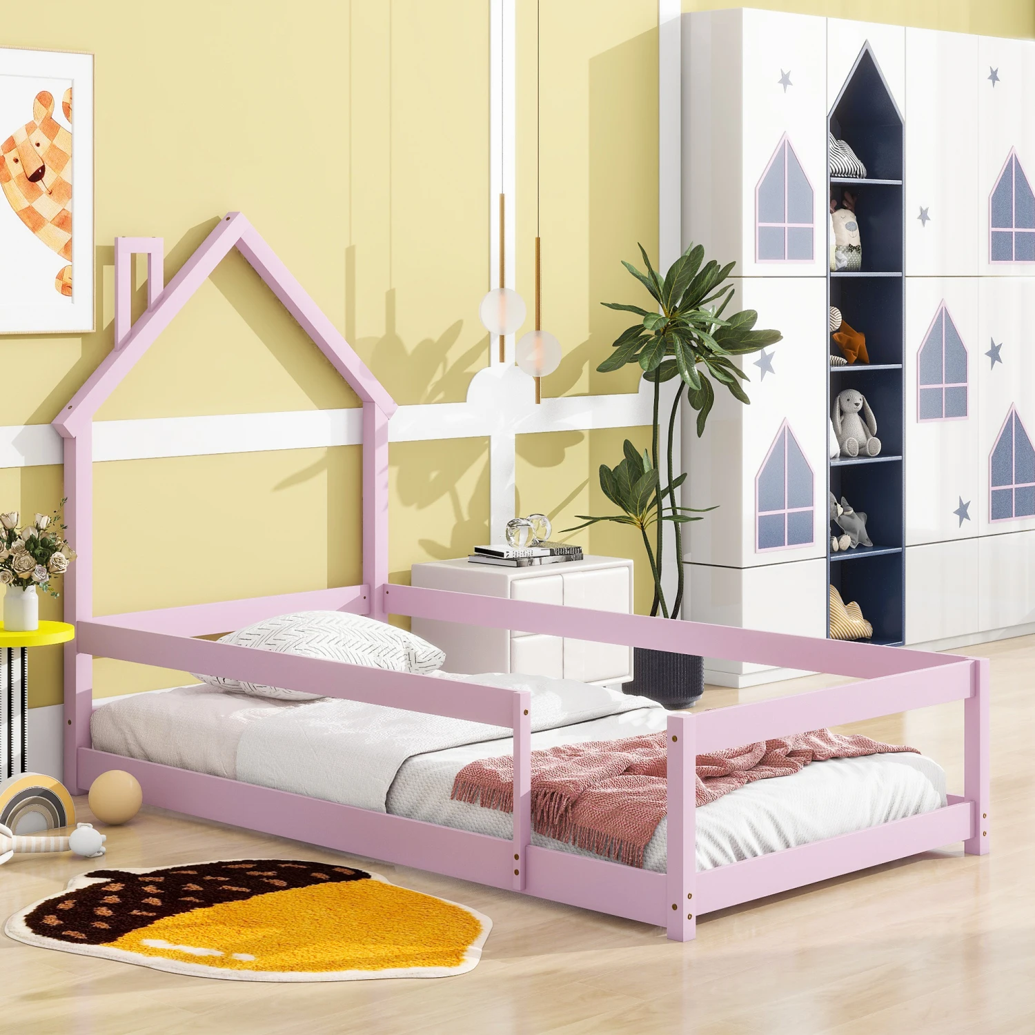 

Wood Twin Size Bed with House-shaped Headboard & Floor Fences in Pink