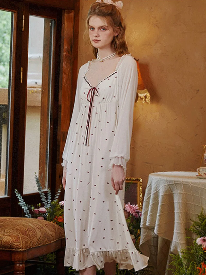 

Women Autumn Fairy Vintage Princess Pajama Nightdress Modal Mesh Lolita Sweet Girls Nightgown Victorian Sleepwear Nightwear