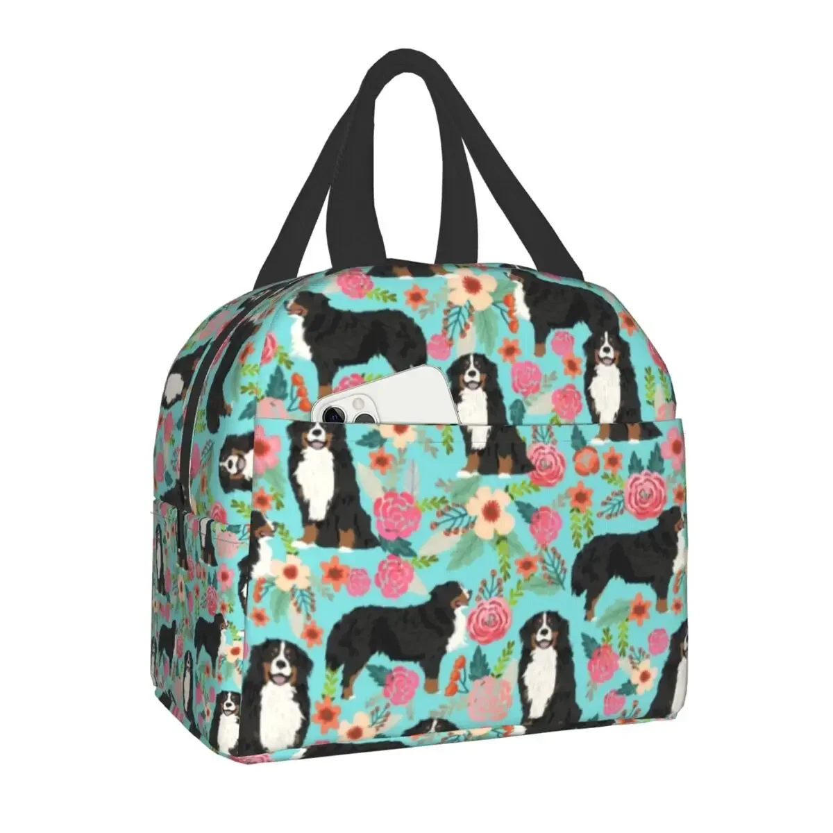 Cute Bernese Mountain Dog Florals Portable Lunch Box Women Leakproof Animal Thermal Cooler Food Insulated Lunch Bag