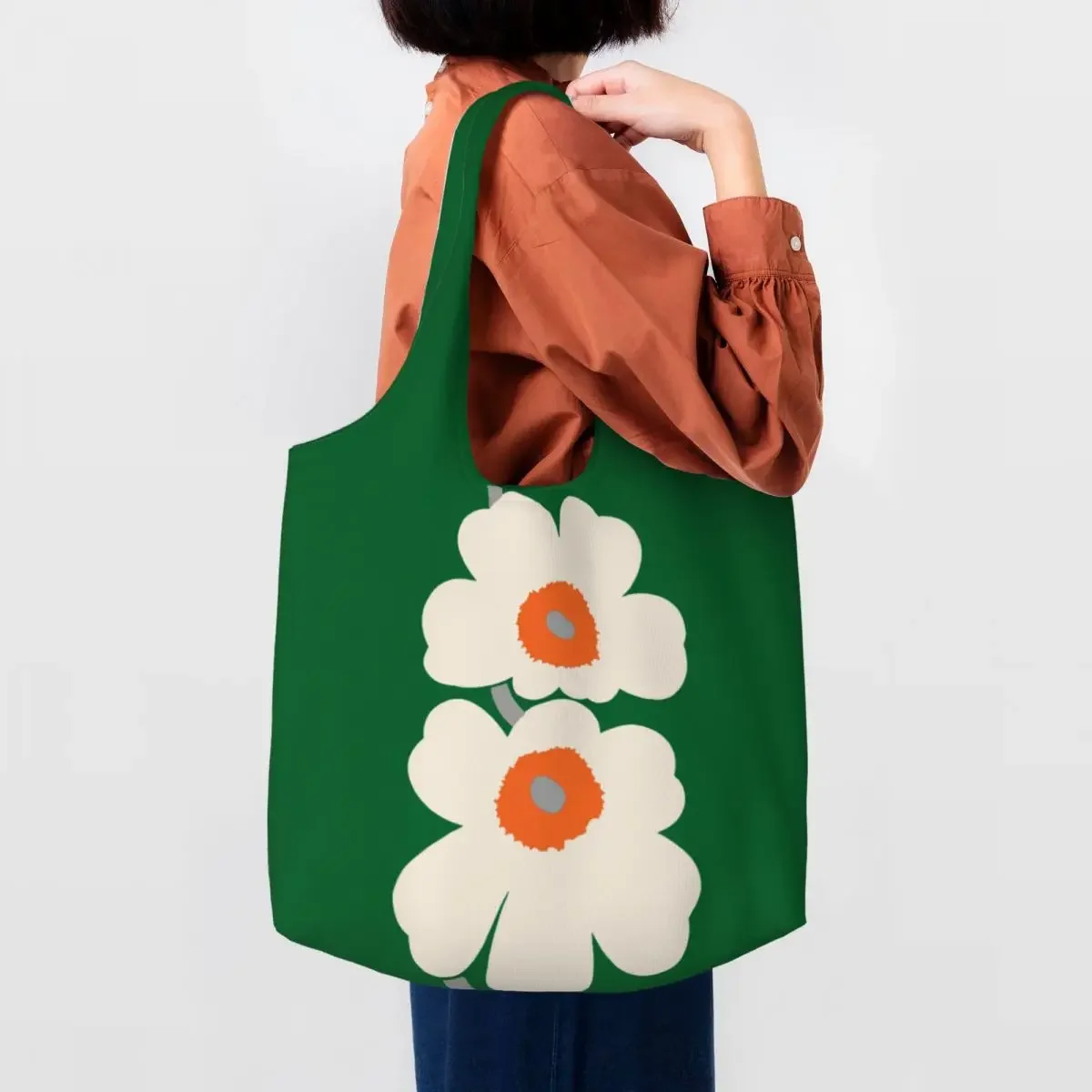 Custom Cute Little Poppy Print Green Shopping Tote Bags Recycling Modern Style Canvas Grocery Shopper Shoulder Bag Handbags