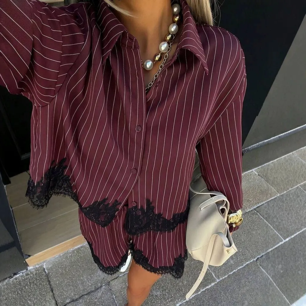 Splice Patchwork Set Casual with Stripe Pattern Streetwear Blouse Long Sleeve Shirt Striped Autumn Drop Shoulder Women Shorts
