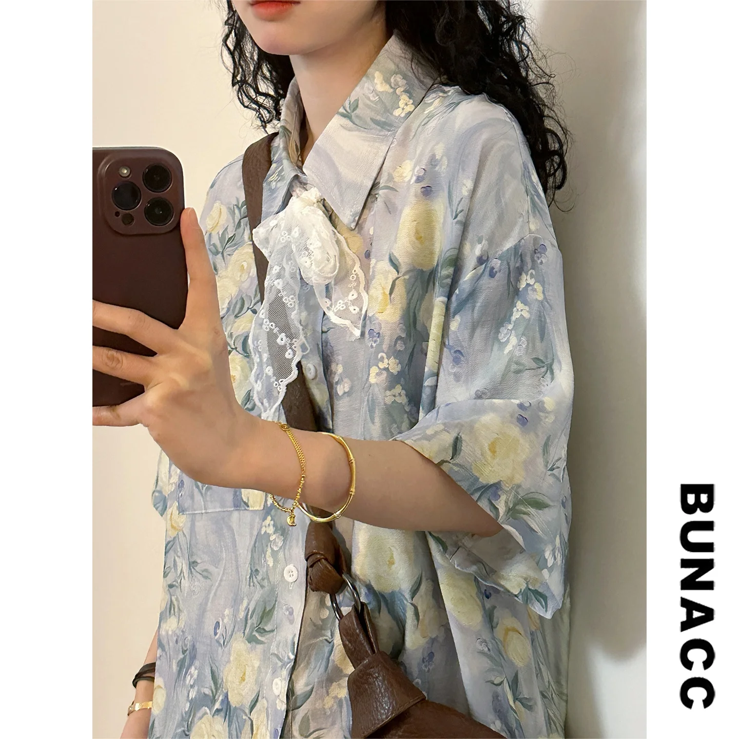 

Летняя уличная рубашка BUNACC2026 свободного кроя с коротким рукавом и принтом, удобный топ с воротником для молодежи