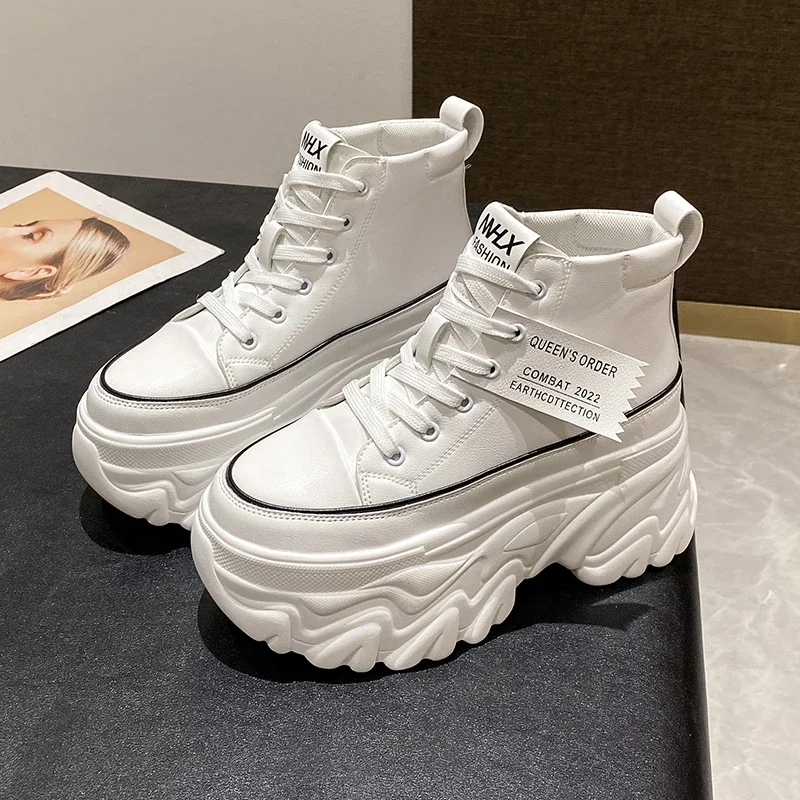 

Женские высокие кроссовки на танкетке, осенняя модная обувь на платформе со шнуровкой, Белая обувь на толстой подошве Canvas2024