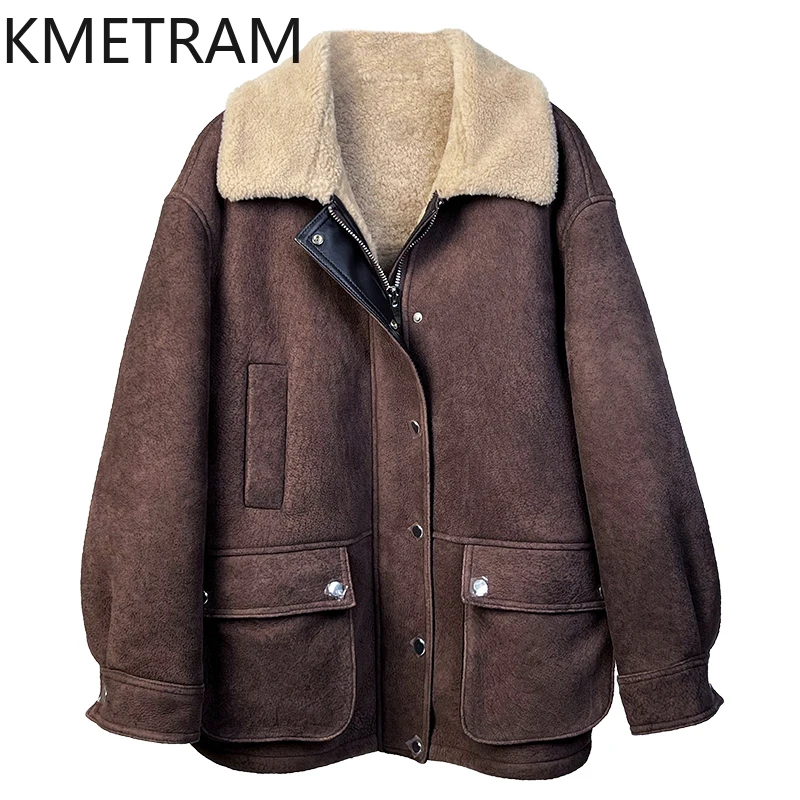 سترة من صوف الغنم الطبيعي مزدوجة الوجه من الفرو للنساء فاخرة بني داكن معطف فرو حقيقي ملابس نسائية شتوية 2025 schuba vrouwska