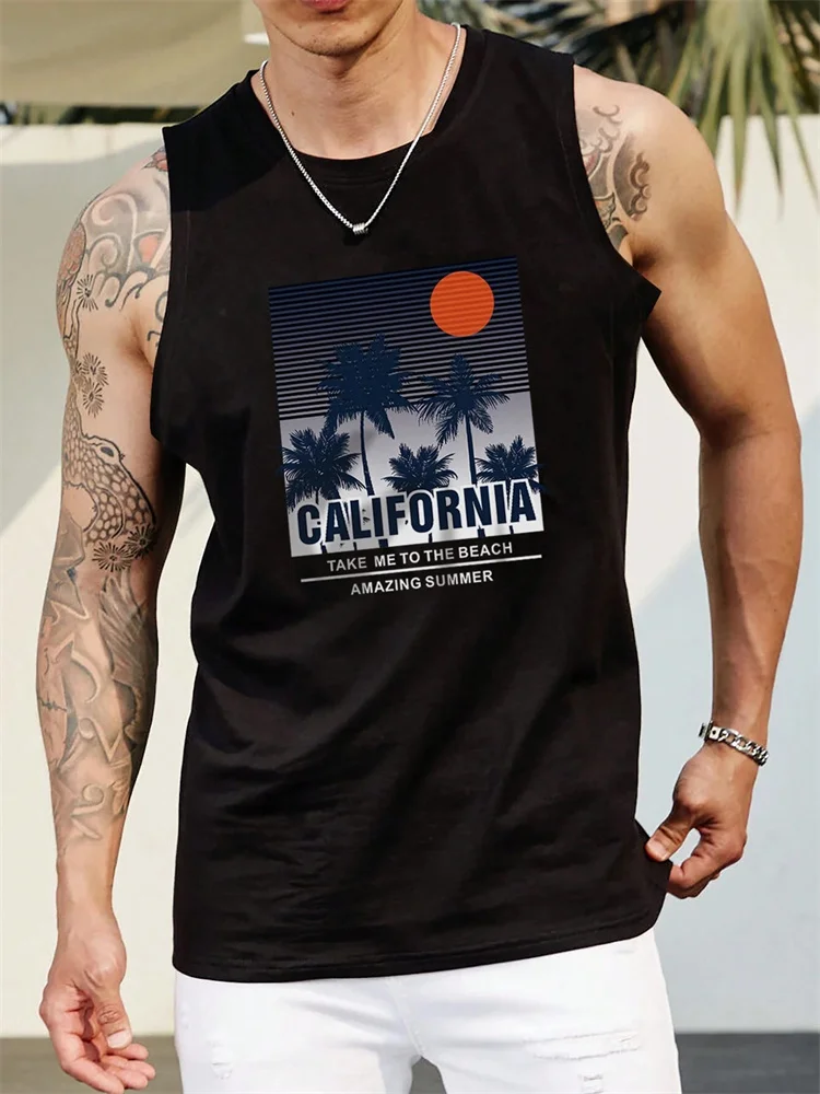 

Hawaii Men's Beach Vacation Breathable T-Shirt Coconut Tree Print O-Neck Large Size Vest Men's Outdoor Sports Breathable Vest