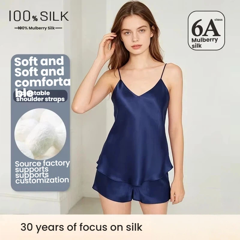 100% Mulberry Silk Pajamas Women Summer Sexy Sling Shorts Set Real Silk Nightwear Breathable Sleepwear Luxury Gift for Her