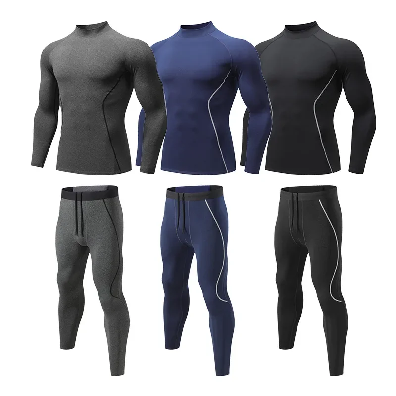 Traje deportivo ajustado de lana para hombre, conjunto de ropa interior térmica de manga larga para correr y gimnasio, ropa deportiva de compresión de terciopelo para trotar