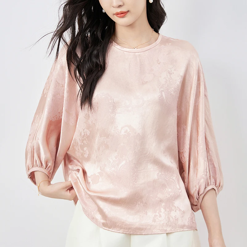 

Elegant Shirts Vintage Blouses For Women 2024 Summer Three Quarter Sleeve Women's Print Shirt Loose Tops Woman Jacquard Blouse