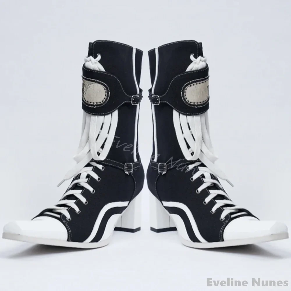 pointed-toe-chunky-heeled-canvas-boots-women-mixed-colors-cross-tied-side-zipper-retro-mid-calf-boot-2024-autumn-new-modern-boot