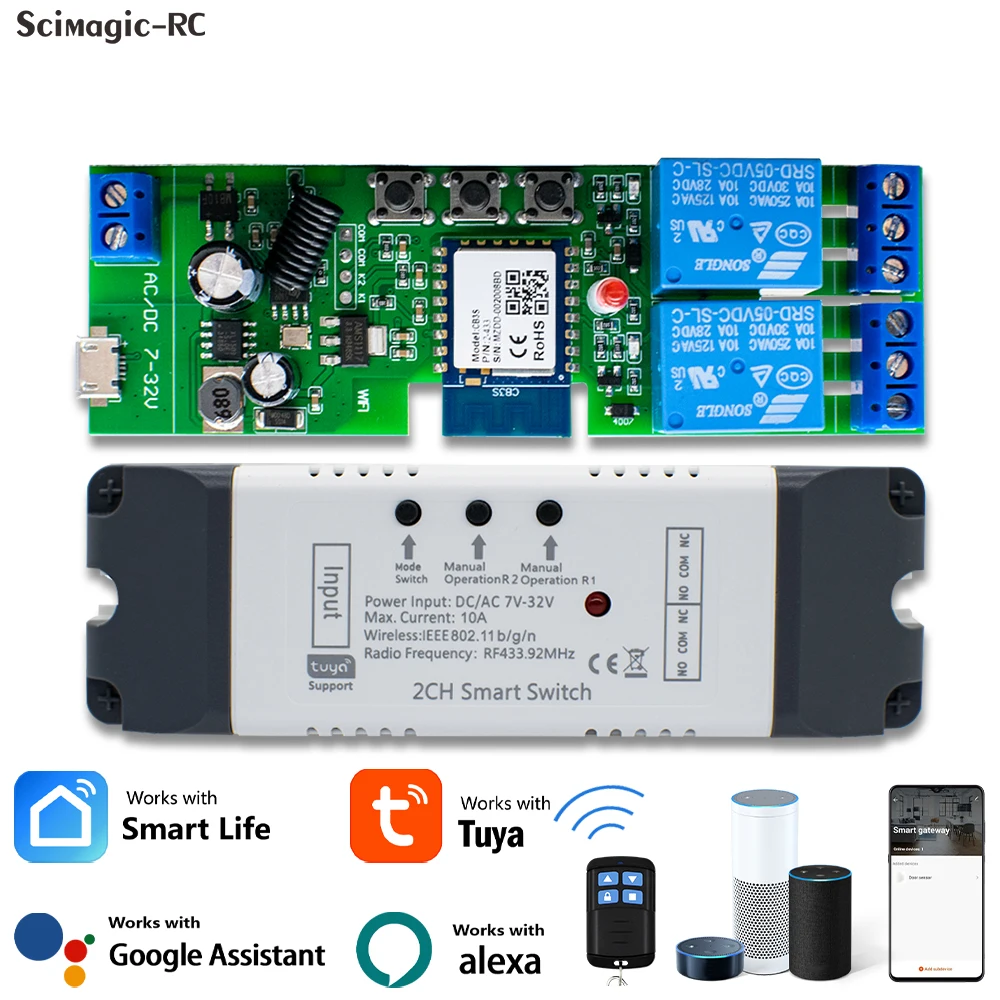 Tuya Smart Wifi Electric Linear Actuator Motor Controller,DC AC 12V 24V 32V 2 Channel Switch,RF433 Remote,2CH Pulse Module Relay