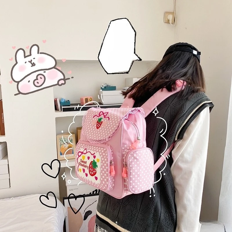 Pink Embroidery Strawberry Children's Schoolbag Student Birthday Gift 2026 New Fashion Kawaii Cartoon Pink Backpack Book Bags