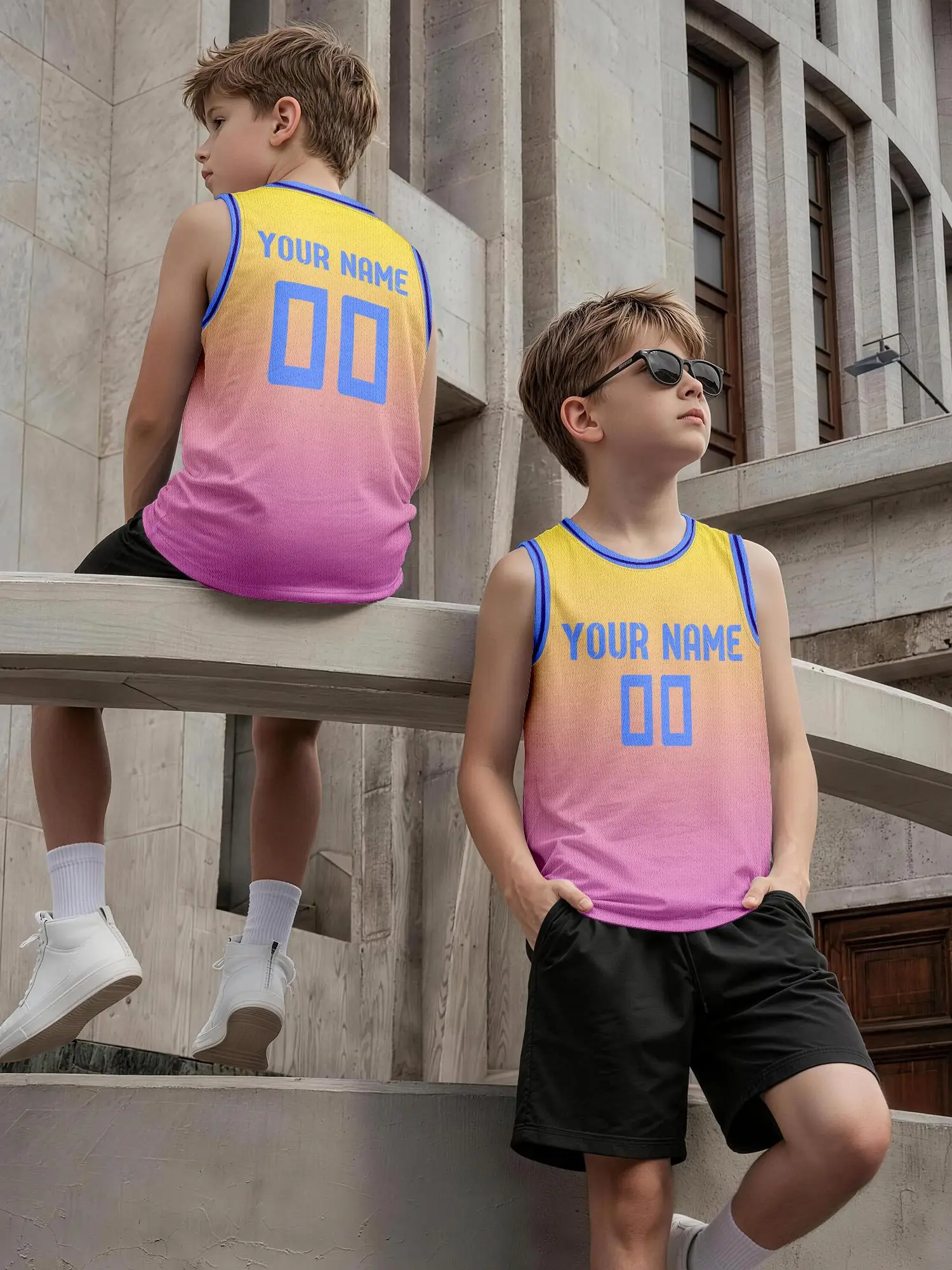 Yellow‑Pink Gradient Blue Trim Custom Basketball Jersey Set, Breathable Quick‑Dry Uniform for Kids Adults, Print Name Number view 3