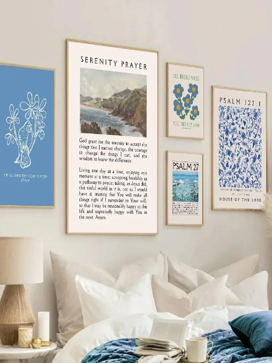 Vintage Blue Psalms Christian Bible Verses Wall Art Poster Print  Floral Canvas Paintings for Room Wall Decor  Inspirational Rel