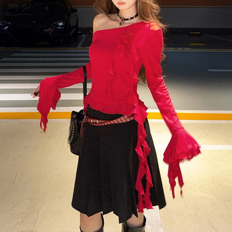 

BKLD Skew Collar Long Flare Sleeves Ruffles Trim 3D Flower Patchwork Solid Irregular Pleated T-shirt Women Daily Club Streetwear