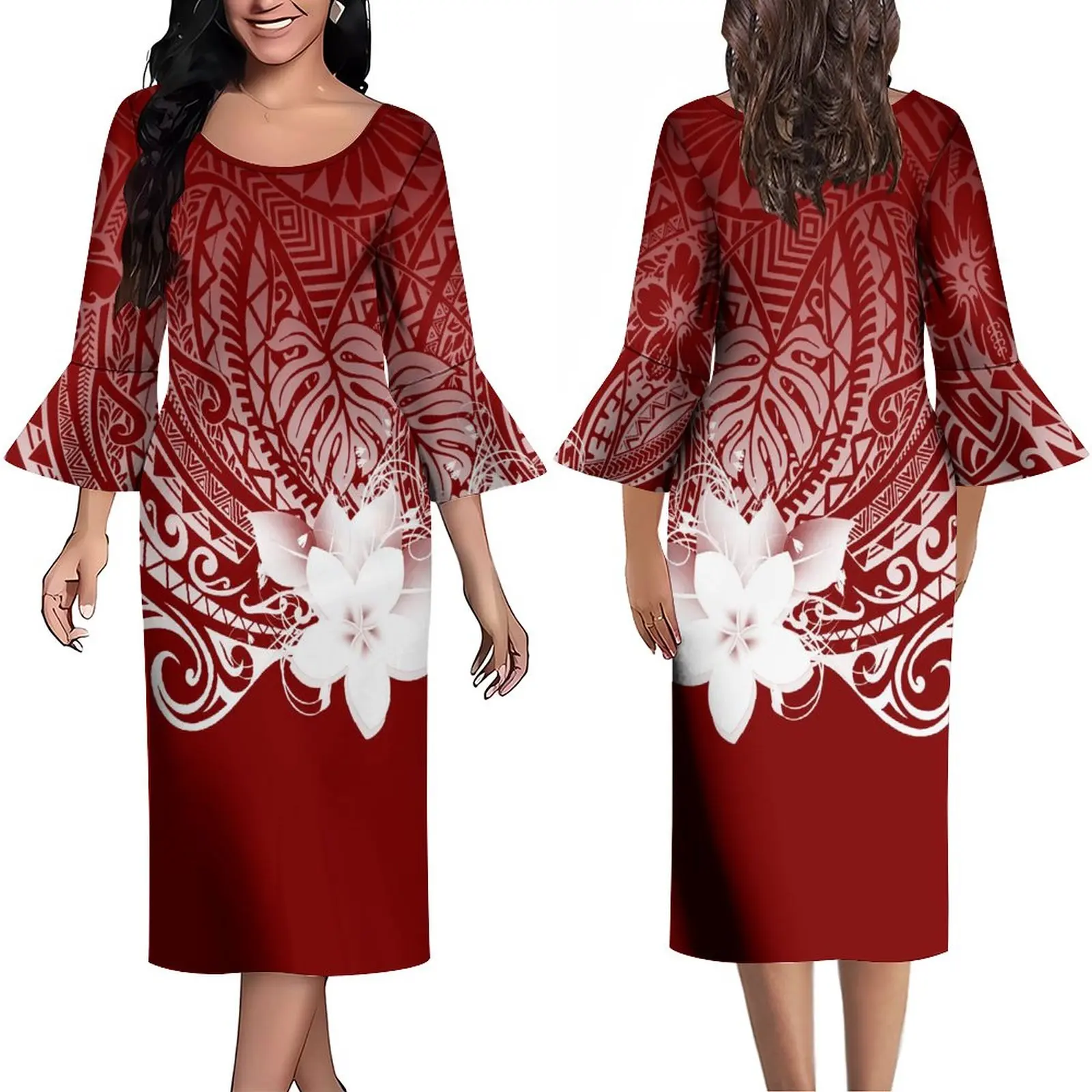 

Summer Long Sleeve High Quality Dress Ladies Dress Long Dress Vintage Print Tribal Design Dress Custom Polynesian Dress