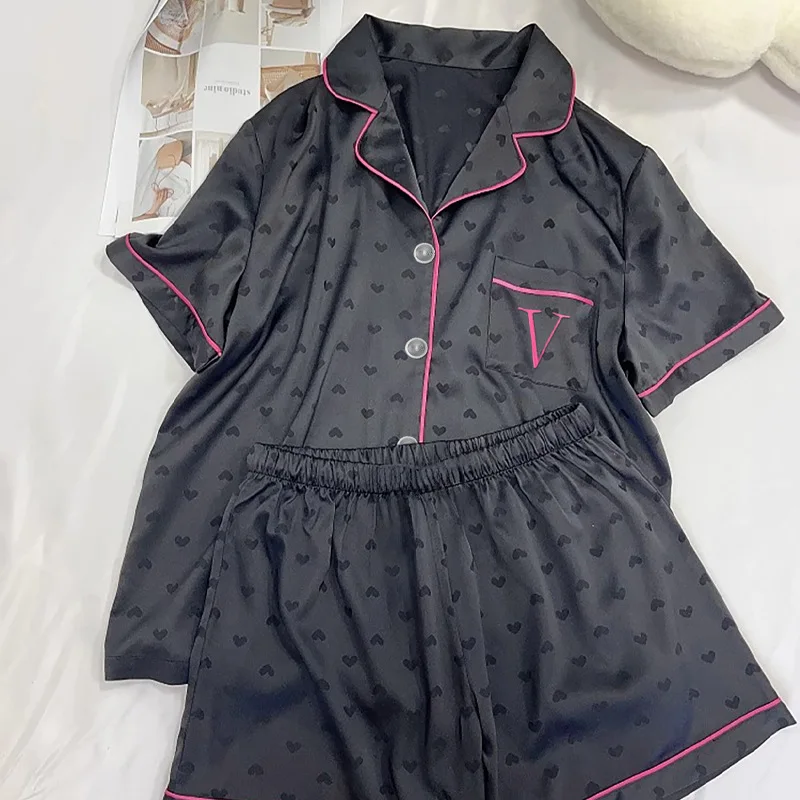 Summer New Women's Advanced Sense of Ice Silk Pajamas Homewear Set Girls Pajamas Temperament Short-Sleeved Pajamas Homewear Set