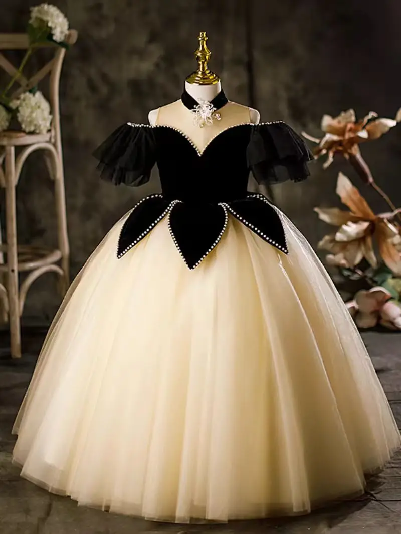 Jill Wish Elegantes schwarzes Mädchenkleid mit Perlen, schulterfrei, Festzug, Prinzessin, Kinder, Hochzeit, Geburtstag, Party, langes Ballkleid 2025, J115